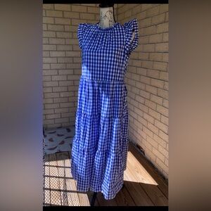 J. Crew 100% Cotton Tiered Ruffle Sleeve Dress Blue and White Gingham